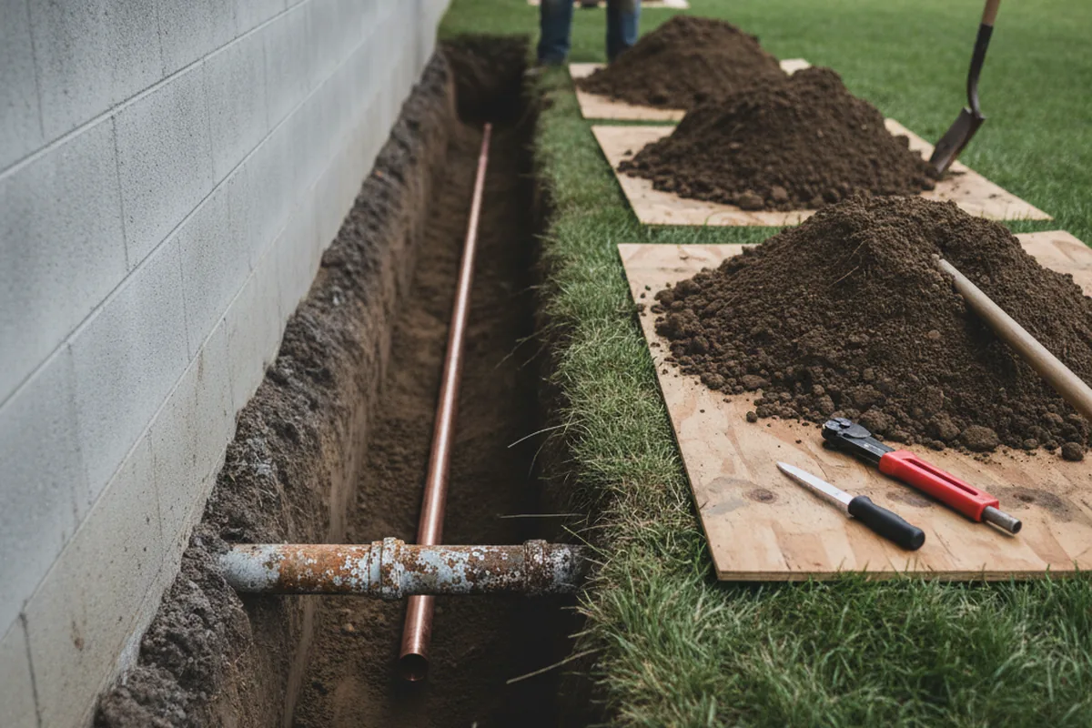 Excavated water line trench during Sewer Line Repair in Eden